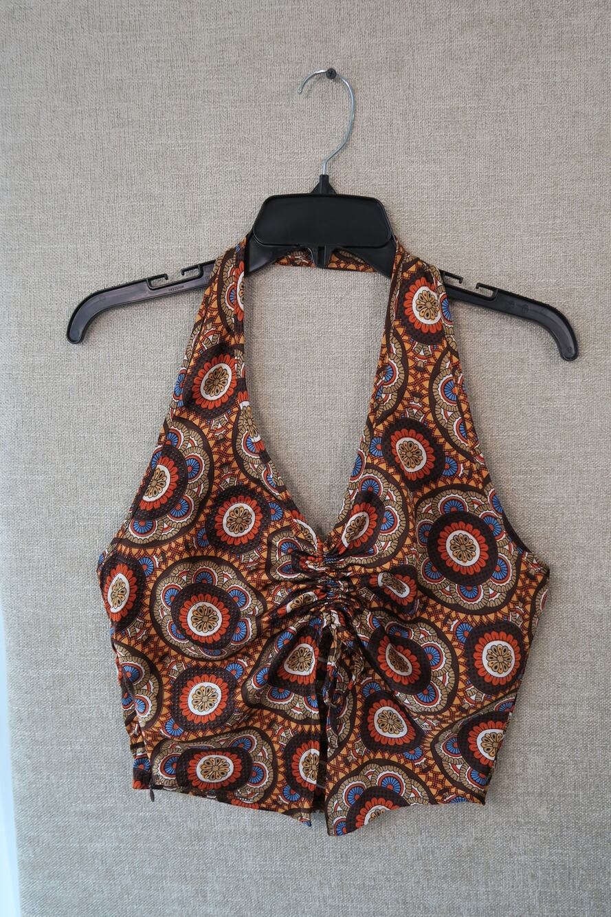 Cider Brown/Orange Medallion Print Ruched Halter Crop Top